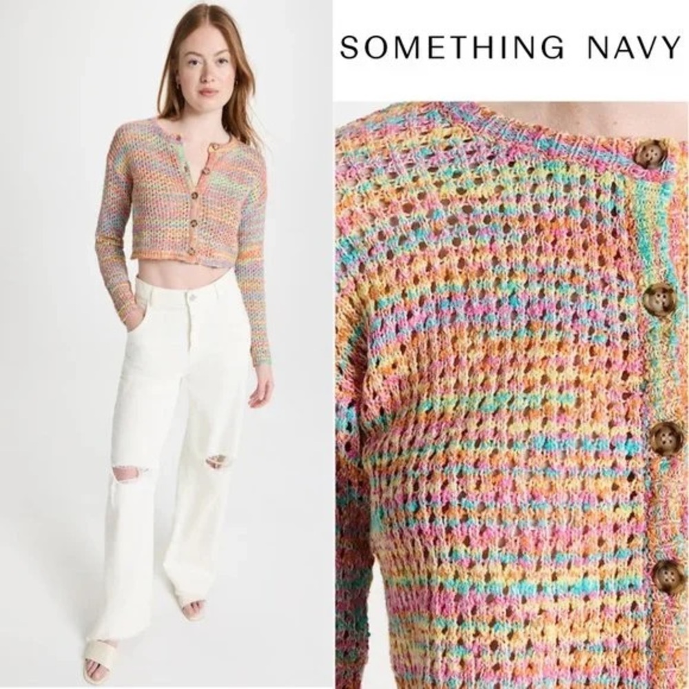 Something Navy Pastel Multi-Color Cropped Knit Cardigan